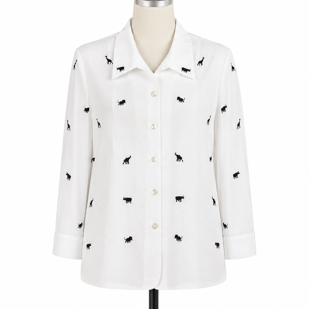 Dressbarn Blouse Jacket Small 100% Silk White Black Embroidered Safari‎ Animals